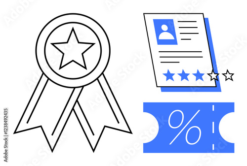 Award ribbon, customer review profile with star ratings, and discount ticket. Ideal for concepts of reward, feedback, satisfaction, excellence, discount promotion customer loyalty. Abstract line