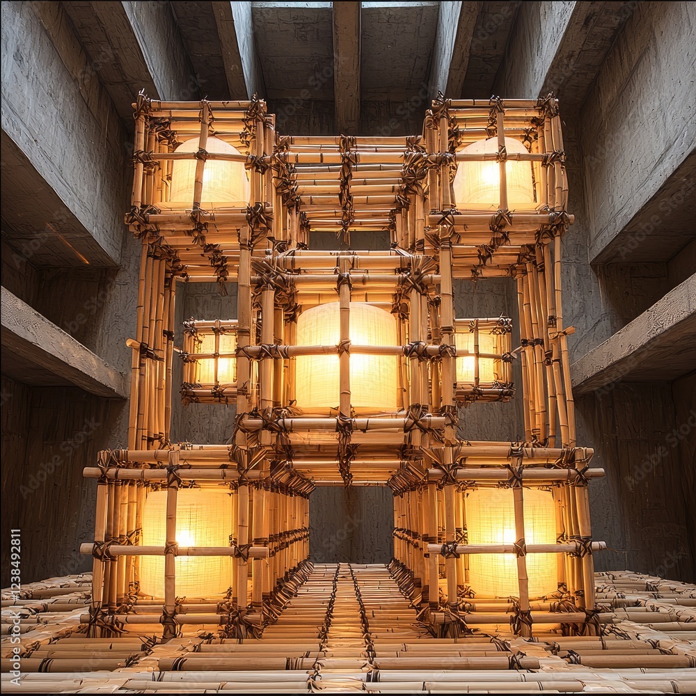 Obraz premium A light using bamboo scaffolding which is made for a table, use different kinds of forms for the bamboo scaffolding.