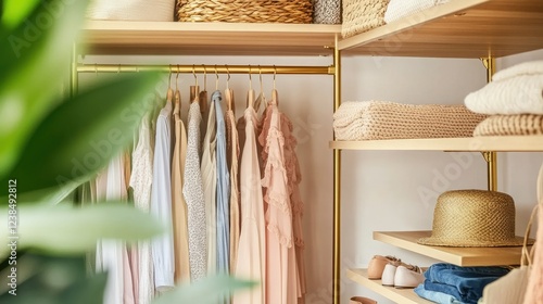 Elegant walk-in closet with wooden shelves, gold accents, and neatly arranged clothing and accessories photo