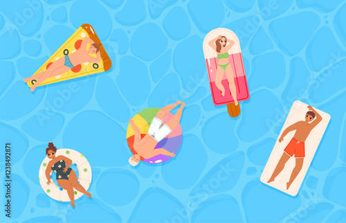 People floating on inflatable toys on water surface top view. Teens on rubber rings and mattress swimming in sea or ocean. Summer vacations on beach, vector scene