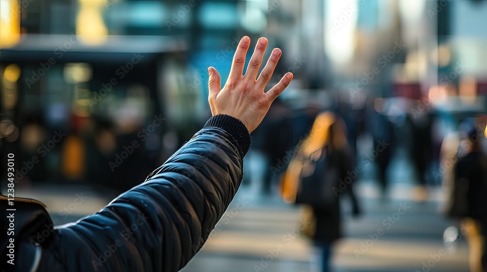 Fototapeta premium A person's hand outstretched in a busy city street, blurred background.