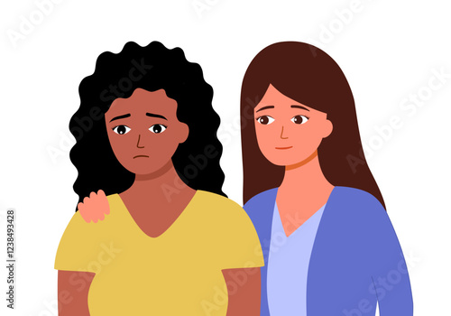 Empathy and Compassion concept. Young woman comforting sad African woman. Helping hand or psychological care.