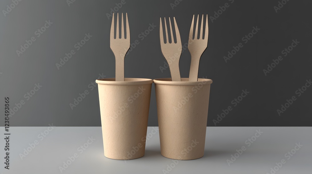 Eco friendly disposable cups with wooden forks set food cafe paper kraft brown Eco friendly disposable cups with wooden forks set food cafe paper kraft brown
