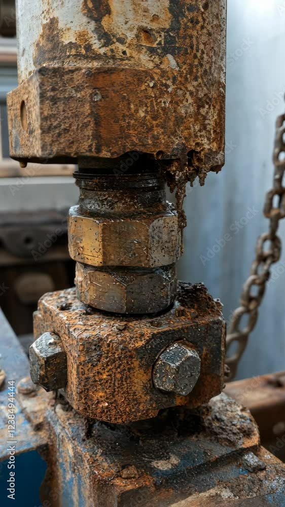 Rusty hydraulic components show wear and tear at an industrial workshop during daytime Rusty hydraulic components show wear and tear at an industrial workshop during daytime