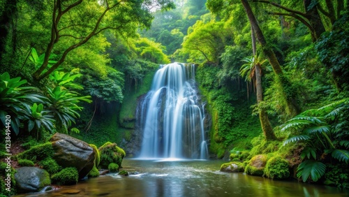 Waterfall in forest amidst dense foliage, natural, peaceful,  natural, peaceful, waterfall