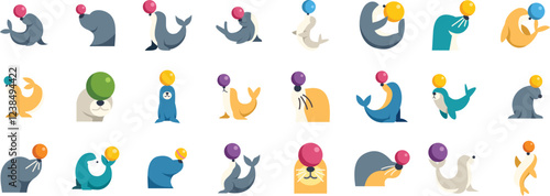 Cartoon seals balancing colorful balls and balloons, showcasing playful circus animals in various poses