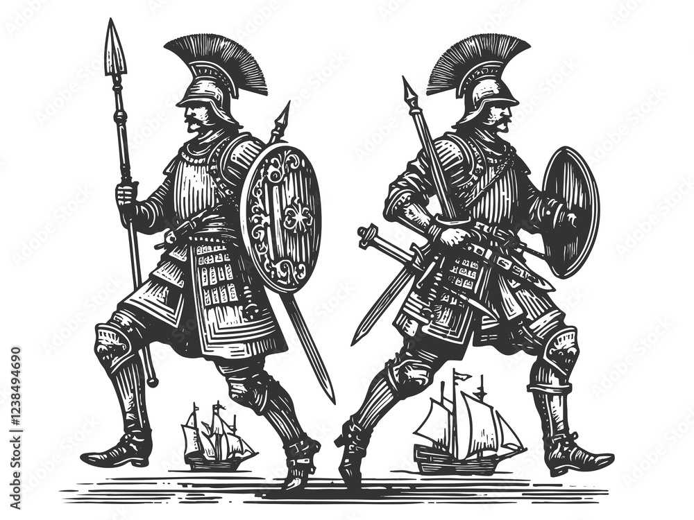 Obraz premium armored warriors with spears and shields standing over sailing ships, symbolizing power and protection sketch engraving generative ai raster illustration. Scratch board. Black and white image.