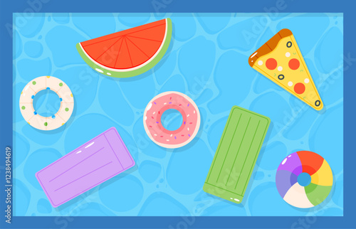 Rubber mattress and rings in water pool. Swimming accessories on water surface, inflatable toys watermelon, donut and pizza slice. summer vacation vector background