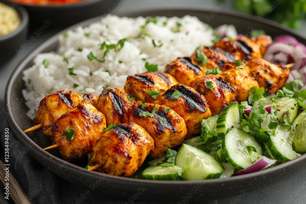 Fototapeta premium Grilled chicken skewers, rice, cucumber salad