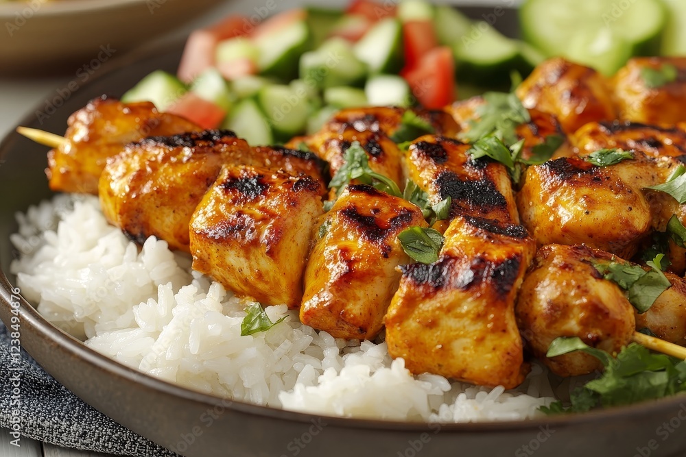 Grilled chicken skewers, rice, salad. Delicious meal (1) Grilled chicken skewers, rice, salad. Delicious meal (1)