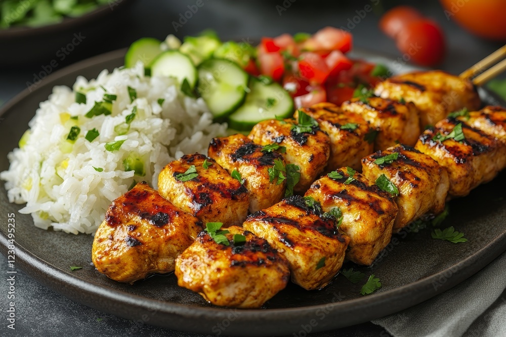 Grilled chicken skewers, rice, salad. Delicious meal (2) Grilled chicken skewers, rice, salad. Delicious meal (2)