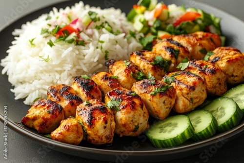 Grilled chicken skewers, rice, salad. Delicious Middle Eastern meal