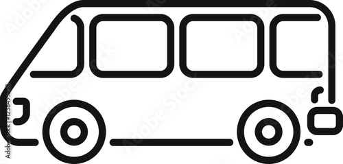 Simple black line drawing of a passenger minibus moving on a white background, perfect icon for transportation and travel industry