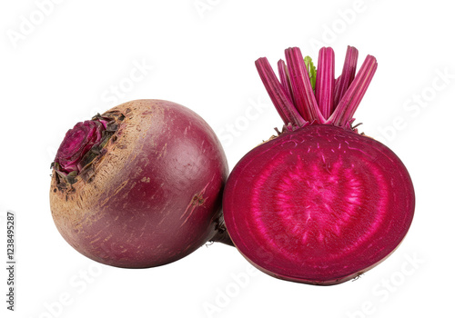 Whole beet root and half isolated on white background, no depth of field, sharp.