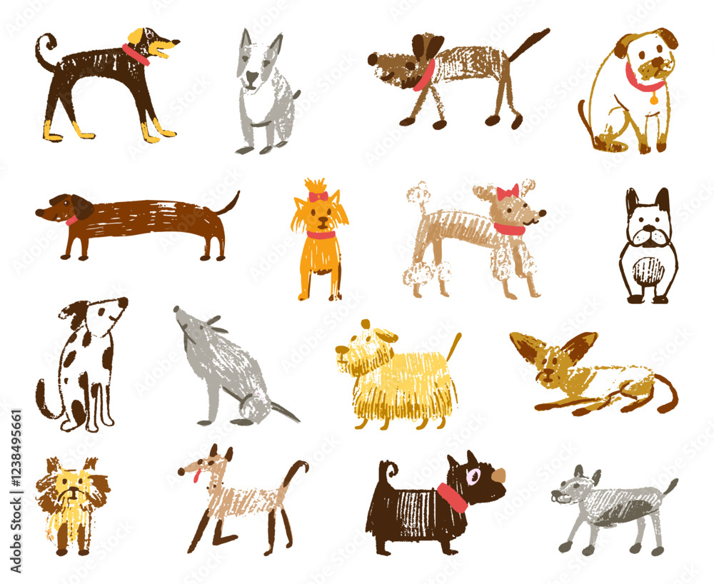 Obraz premium Pencil drawing dogs. Children crayon pencils draw, primitive grunge dog isolated. Adorable puppy with bow, bulldog and terriers. Hand drawn neoteric vector set