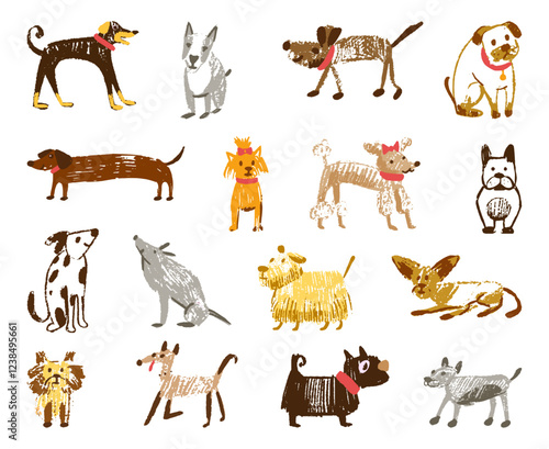 Pencil drawing dogs. Children crayon pencils draw, primitive grunge dog isolated. Adorable puppy with bow, bulldog and terriers. Hand drawn neoteric vector set