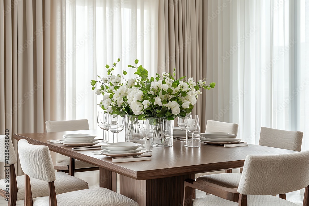 custom made wallpaper toronto digital明るいダイニングテーブル、白い花のアレンジメントと上品な食器が並ぶエレガントな空間 | Bright dining table with white floral arrangement and elegant tableware