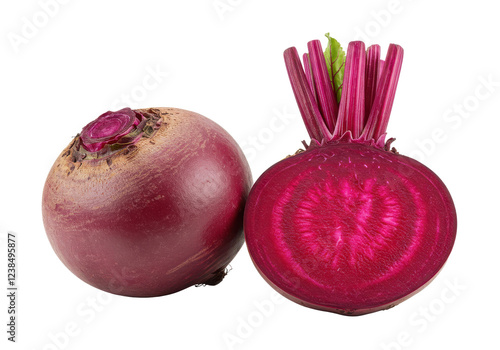 Whole beet root and half isolated on white background, no depth of field, sharp.