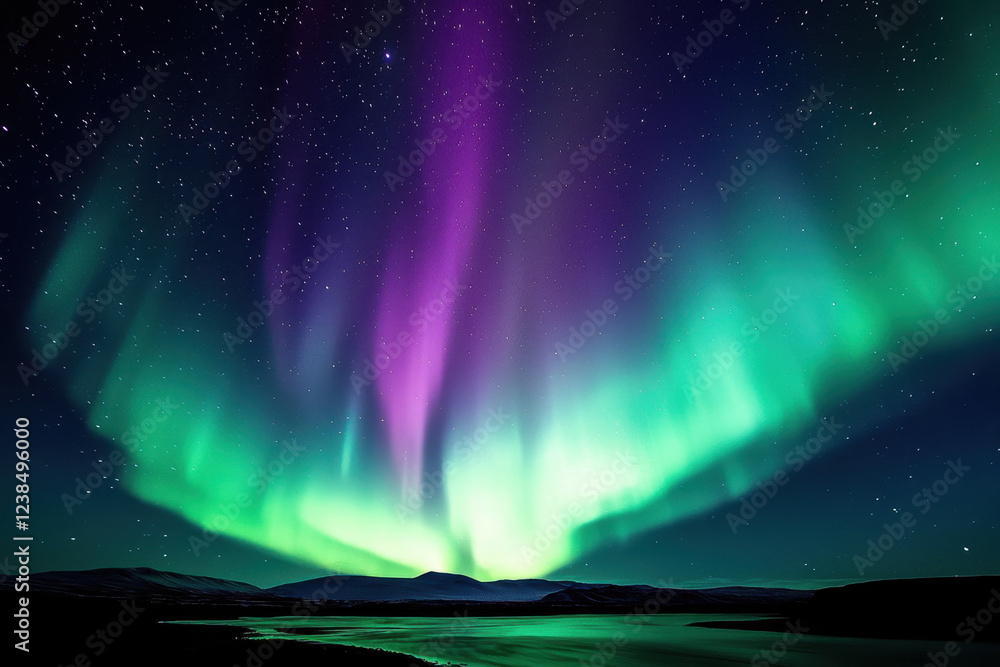 Naklejka premium Vibrant purple and green northern lights dancing above the horizon in a dark night sky.