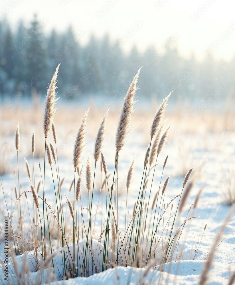 Tall Grass Stems in Soft Focal Winter Landscape, dry reeds, winter wonderland Tall Grass Stems in Soft Focal Winter Landscape, dry reeds, winter wonderland