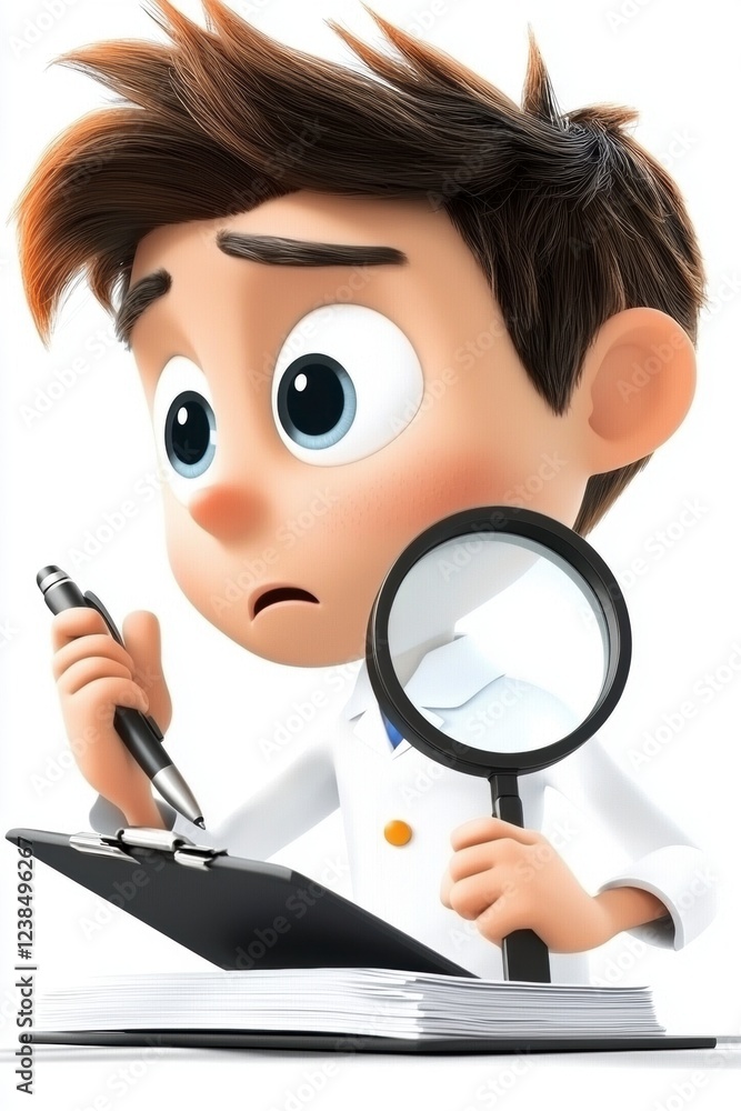 Curious young scientist observing with magnifying glass laboratory cartoon character bright environment close-up exploration Curious young scientist observing with magnifying glass laboratory cartoon character bright environment close-up exploration