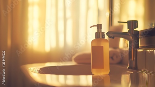 Amber liquid soap bottle on bathroom sink in warm sunlight. photo