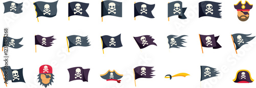 Pirate flag waving, skull and crossbones, jolly roger, hat, and saber icons collection