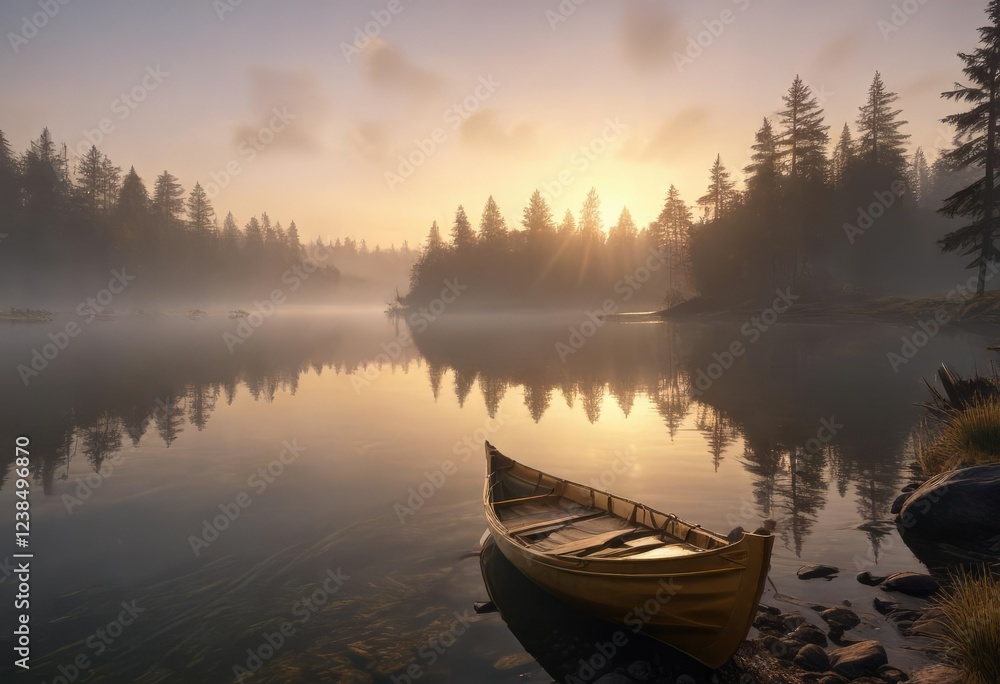 Naklejka premium The golden bow is resting at the edge of a serene lake with a misty dawn approaching , , bows