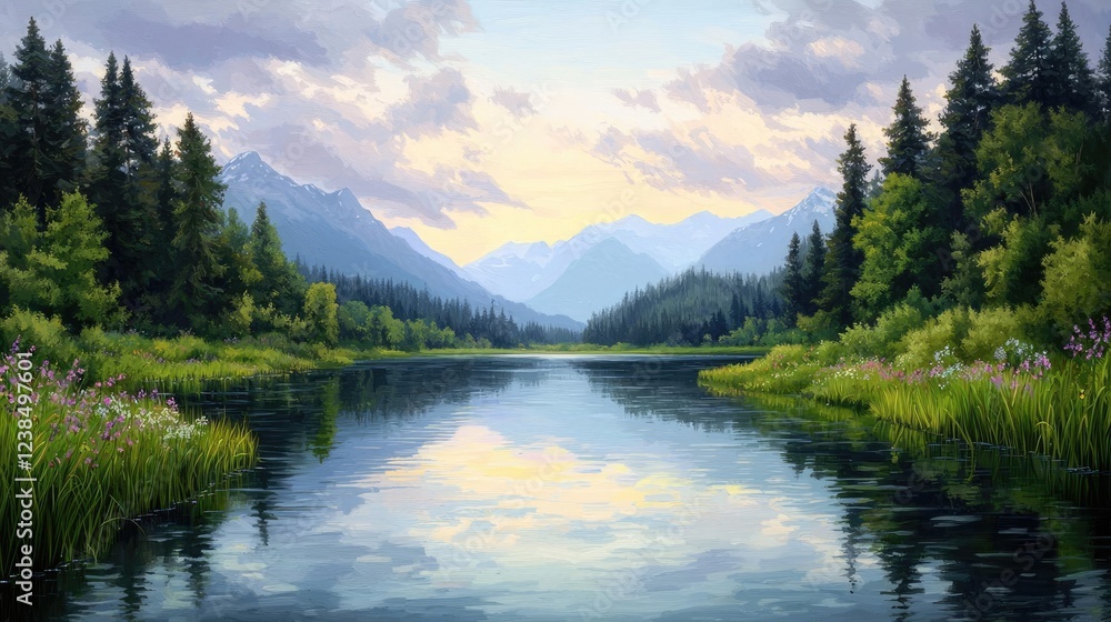 Riverside scenes nature concept. Serene landscape featuring a river surrounded by lush greenery and majestic mountains. Riverside scenes nature concept. Serene landscape featuring a river surrounded by lush greenery and majestic mountains.