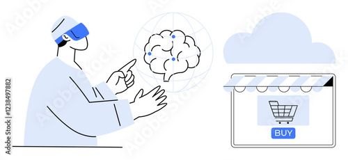Man in VR headset interacting with AI brain hologram beside cloud-connected online shop interface. Ideal for technology innovation, VR usage, AI integration, e-commerce, digital transformation