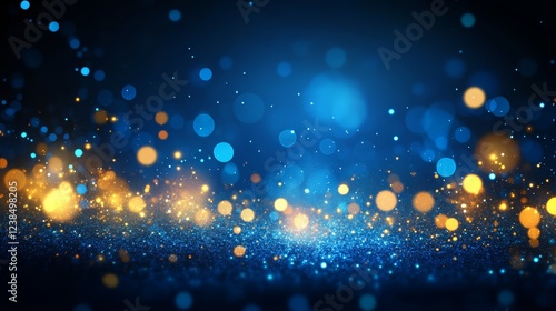 Falling confetti on blue background, abstract background with dark blue and gold particle. Golden light shine particles Bokeh on navy blue background, celebration concept
