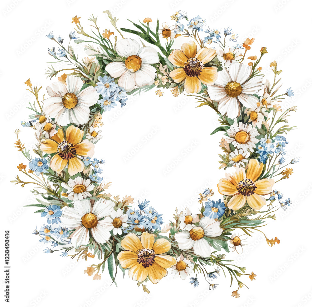 Obraz premium Floral Wreath with Daisies and Blue Flowers