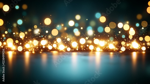 Falling confetti on blue background, abstract background with dark blue and gold particle. Golden light shine particles Bokeh on navy blue background, celebration concept
