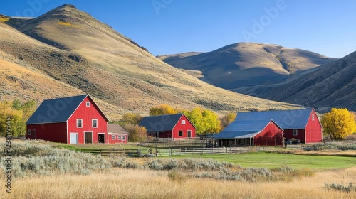 Red barns nestled in autumnal mountain valley