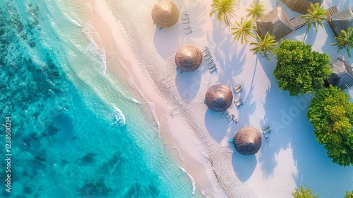 Fototapeta Naklejka Na Ścianę i Meble -  Stunning aerial view of maldives beach showcasing crystal clear waters and white sandy shores