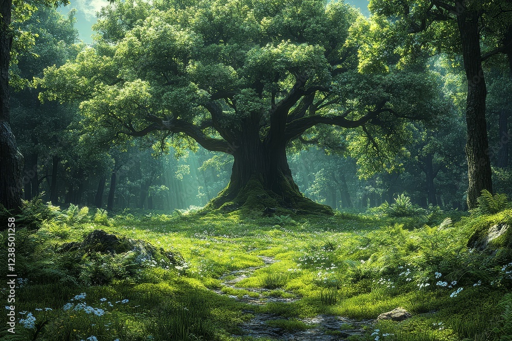 Fototapeta premium Mysterious forest with giant trees, lush green leaves, mossy ground, old tree trunk, and a path leading to the horizon, with a stream flowing through the jungle. Fantasy landscape, high resolution.
