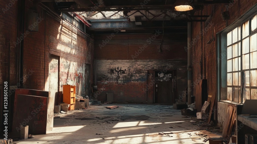 Sunlit Interior of Abandoned Brick Warehouse with Graffiti Sunlit Interior of Abandoned Brick Warehouse with Graffiti