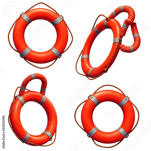 Set of red life buoys in different angles. Rescue belts, inflatable rubbers ring with rope for help and safety of life drowning. Vector realistic 3d isolated illustration on white.