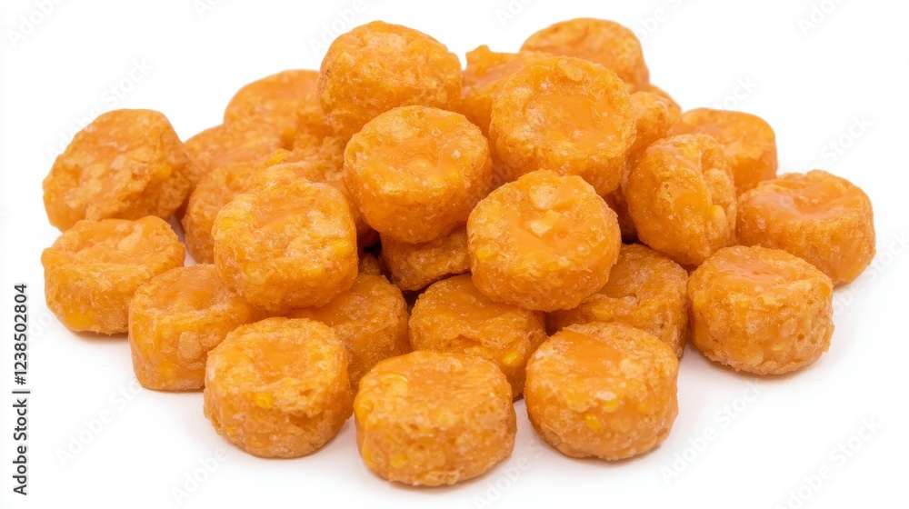 Delicious Orange Cheesy Snack Bites Piled High in a Tasty Arrangement on a White Background Delicious Orange Cheesy Snack Bites Piled High in a Tasty Arrangement on a White Background