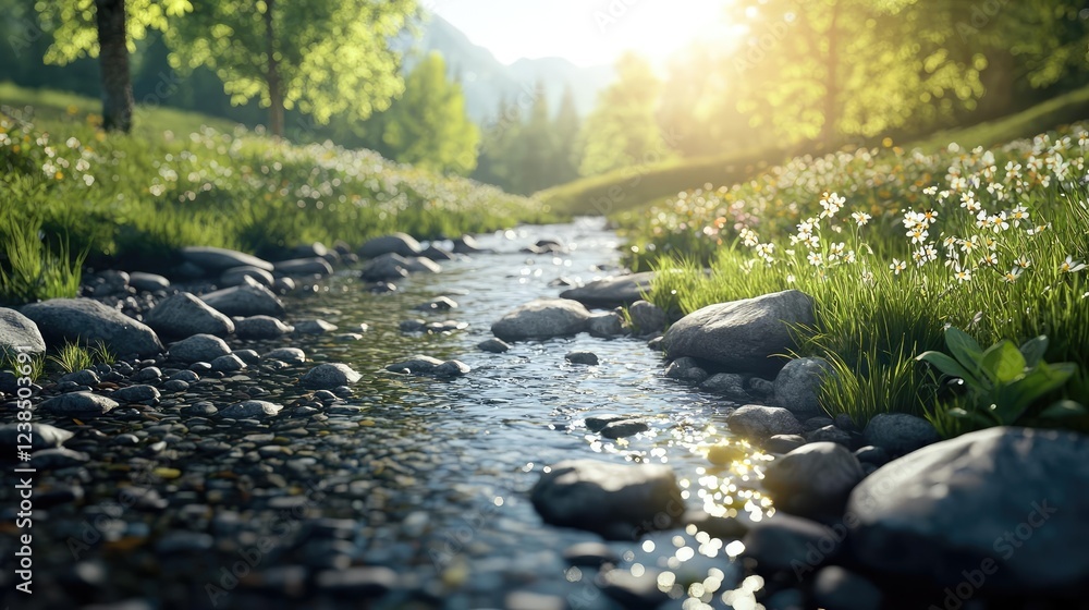 Fototapeta premium Riverside scenes nature concept. A tranquil stream flowing through a lush green landscape under warm sunlight.