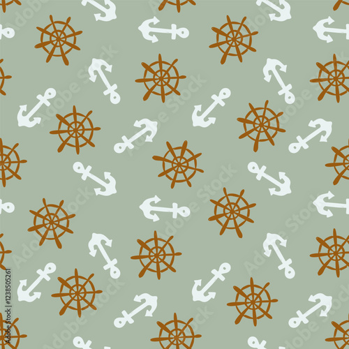 Hand drawn kids seamless nautical pattern. Anchors and steering wheels on a muted background, wrapping paper design, textile print vector illustration