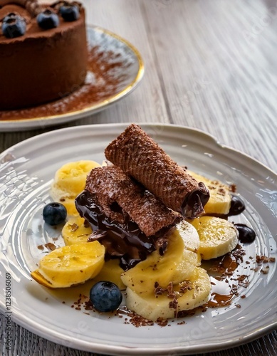 Decadent Dessert with Chocolate Wafer Rolls, Bananas, Blueberries, and Chocolate Shavings