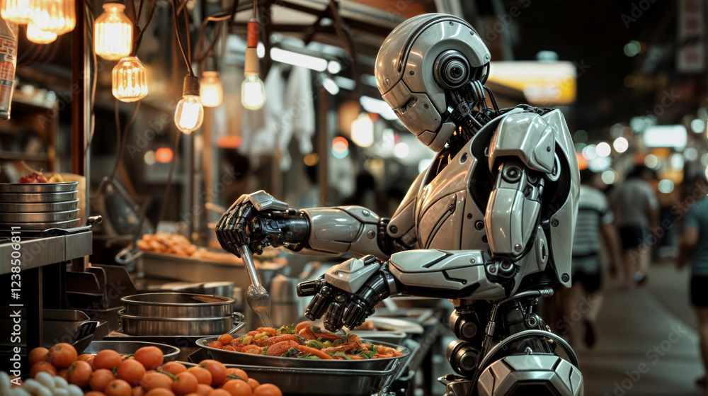 White and chromed humanoid robot cooking and making some meals into a street night marketplace with blurry street as background White and chromed humanoid robot cooking and making some meals into a street night marketplace with blurry street as background