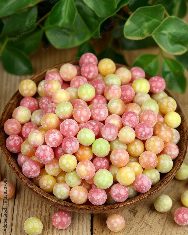 Colorful Round Candy Spheres in a Wooden Bowl Surrounded by Green Leaves on a Rustic Table