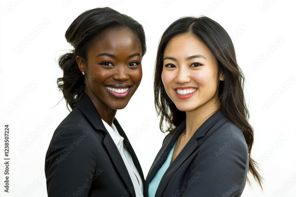 Two smiling businesswomen, one Black and one Asian, stand shoulder to shoulder, showcasing diversity and professionalism.
