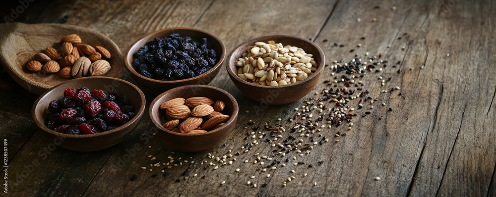 Assorted nuts and dried fruits arranged in small bowls on rustic wooden table, showcasing variety of textures and colors, perfect for healthy snacking Assorted nuts and dried fruits arranged in small bowls on rustic wooden table, showcasing variety of textures and colors, perfect for healthy snacking