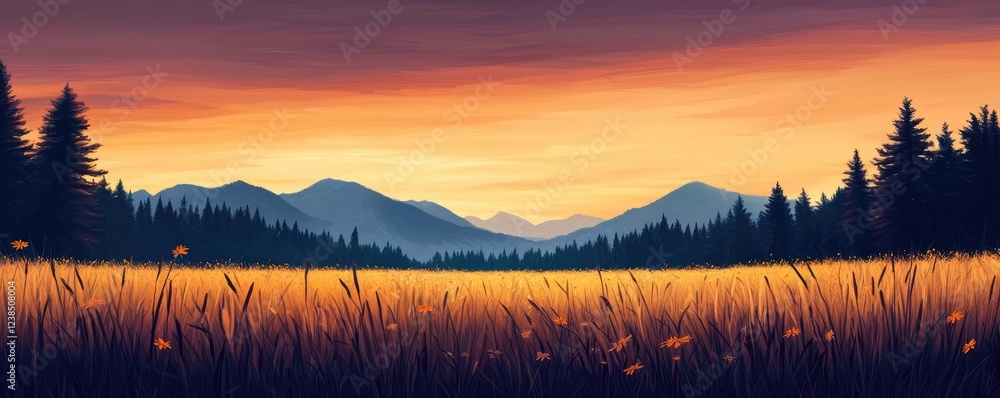 Fototapeta premium Wildflower fields nature concept. A serene sunset over a mountain landscape with golden fields and lush pine forests.