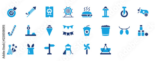 Set of Fair icon. Road Sign, One Wheel, Festive, Hockey Stick, Strength Tester, Ice Cream, Bunting, Coffee Cup, Popcorn, Bowling, Hat, Magic Hat, Slide, Pinwheel, Playground vector illustration. 