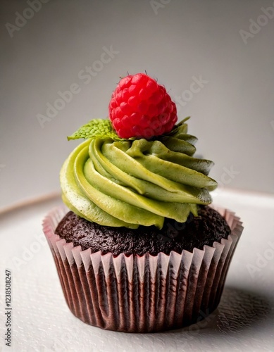 Luxurious Cupcake with Rich Frosting, Raspberry Garnish, and Mint Leaf