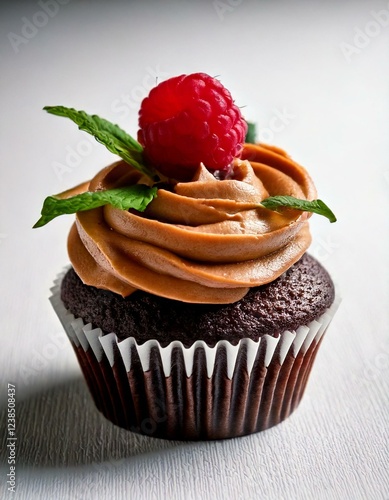 Elegant Cupcake with Smooth Frosting, Fresh Raspberry, and Mint Leaf
